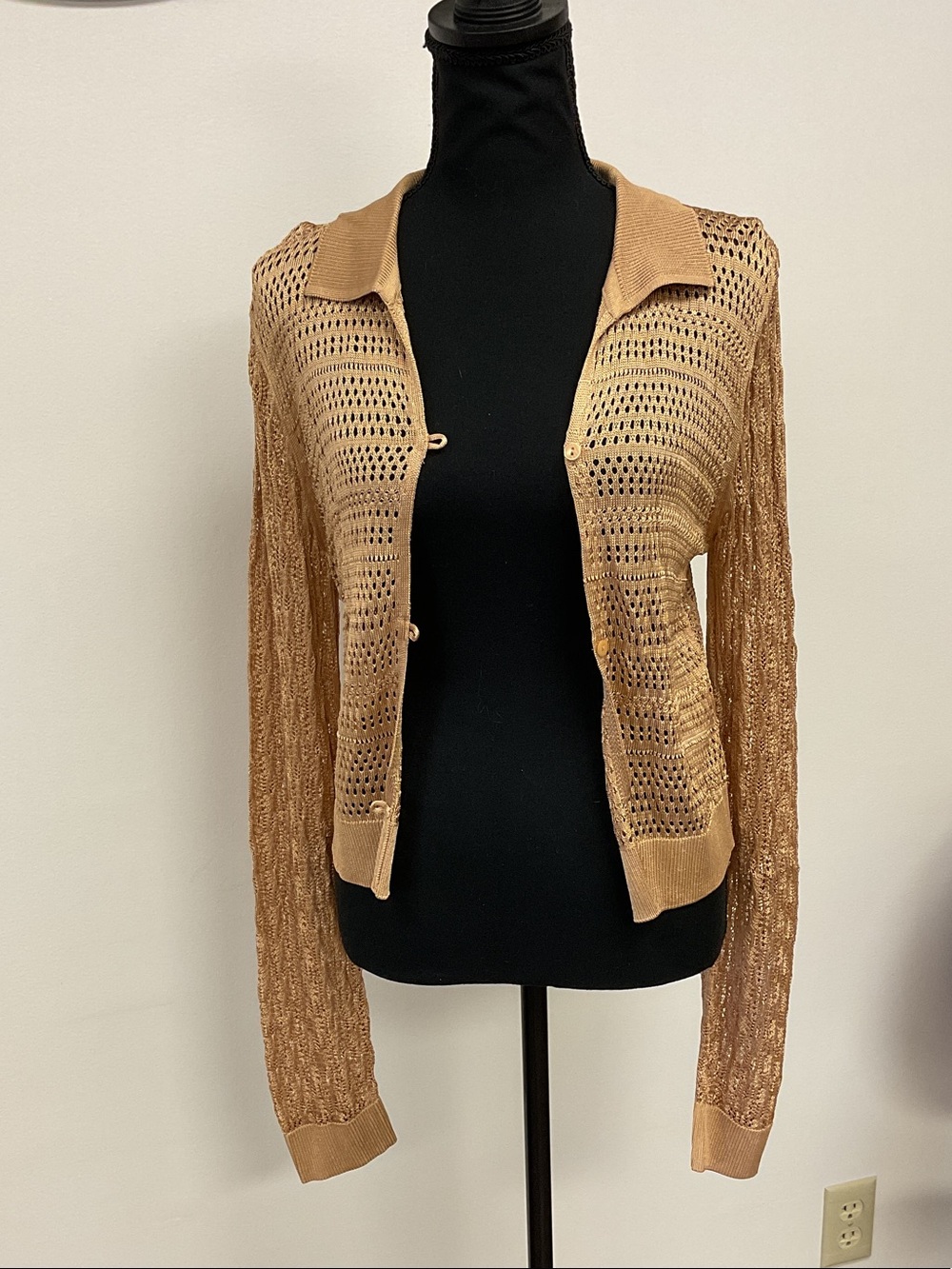 Free People Open-Knit Caramel Button-Front Cardigan